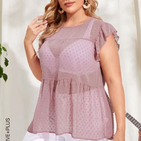 SHEIN women’s plus Swiss dot sheer ruffle hem blouse short sleeve and Flowy - Picture 4 of 6